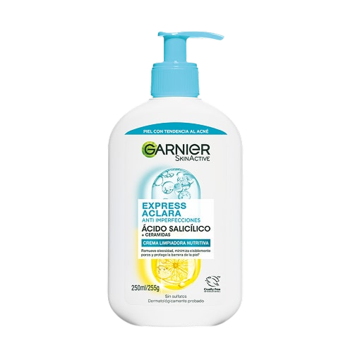 Gel Limpiador Garnier Anti Imperfecciones con ácido salicílico y ceramidas en presentación de 250 ml, ideal para piel con tendencia al acné.